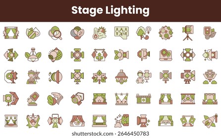A collection of diverse stage lighting icons in a minimalist design featuring earthy tones. Ideal for theater, film, and event planning design projects.