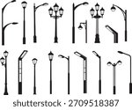Collection of diverse street lamp and light post silhouettes, featuring classic ornate and modern urban lighting designs Vector