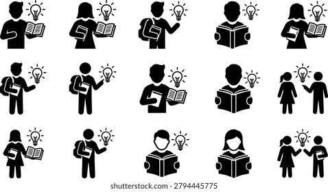 Collection of diverse student icons representing learning, knowledge acquisition, and innovative thinking. Ideal for educational and creative concepts.