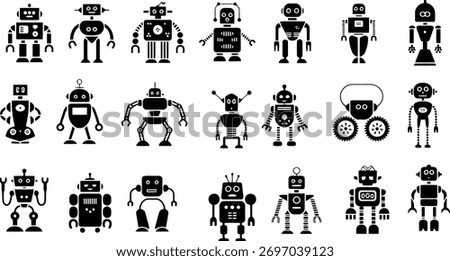 A collection of diverse, stylized black robot silhouettes arranged in rows on a white background, showcasing various designs.