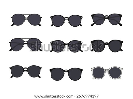 Collection of Diverse Sunglasses Designs: Flat Vector Icons for Fashion, Summer, and Eye Protection on White Background