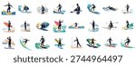 Collection of Diverse Surfers Riding Waves and Enjoying the Beach at Sunset: A Dynamic Vector Illustration Set for Water Sports and Summer Fun.