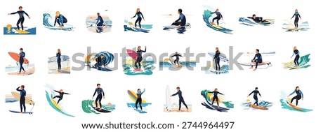 Collection of Diverse Surfers Riding Waves and Enjoying the Beach at Sunset: A Dynamic Vector Illustration Set for Water Sports and Summer Fun.