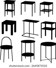 Collection of Diverse Table and Chair Silhouettes Design Elements for Interior Decor