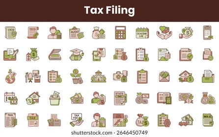 A collection of diverse tax filing icons, showcasing various financial activities and documents in a palette of earth tones, suitable for educational and professional use.