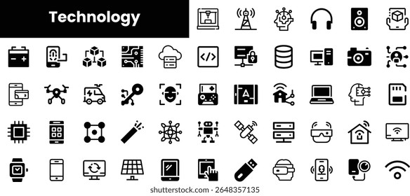 Uma coleção de diversos ícones de tecnologia, apresentando gadgets, redes e ferramentas de gerenciamento de dados, apresentando vários aspectos da inovação moderna.