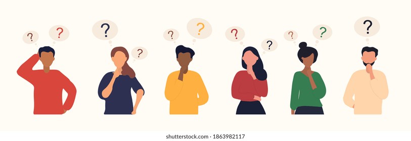 Collection of diverse thoughtful people. Six smart men and women thinking or solving problem. Set of pensive boys and girls surrounded by thought bubbles. Flat cartoon vector illustration.