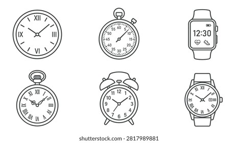 Collection of diverse timekeeping devices including analog clocks, stopwatch, smartwatch, pocket watch, and alarm clock