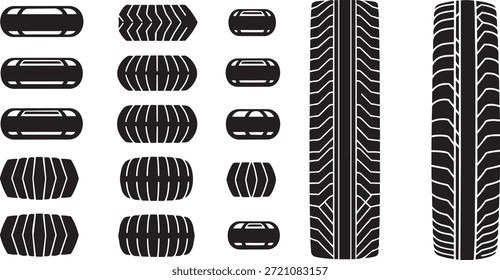 collection of diverse tire tread patterns and wheel track icons isolated on white background vector illustration