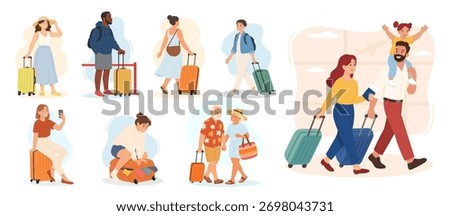 Collection of diverse travellers with suitcase capturing modern travel lifestyle, suitcase symbolizing vacation, suitcase evoking adventure, freedom, tourism, family trip, and global exploration