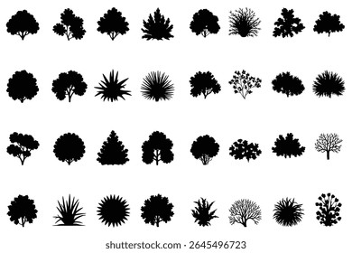 Collection of diverse tree and shrub silhouettes isolated on white background