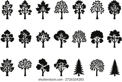 Collection of diverse tree silhouettes in black