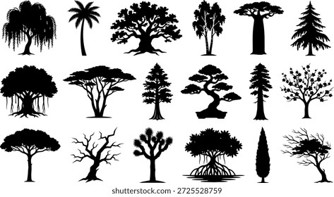 Colección de diversas siluetas de árboles para el diseño y uso educativo