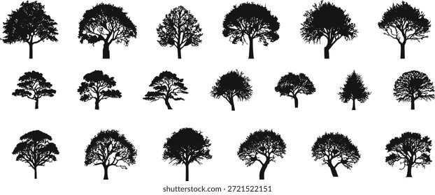 Colección de diversas siluetas de árboles aisladas sobre un fondo blanco limpio que proporciona numerosas opciones para la creación de paisajes de Diseño gráfico o ilustraciones temáticas de la naturaleza.