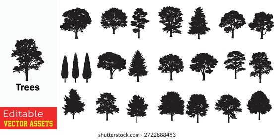 Collection of Diverse Tree Silhouettes Isolated on Transparent Background for Graphic Design and Landscape Architecture Vector Illustration

This professional vector collection features a diverse set of tree silhouettes in various shapes and sizes, meticulously isolated on a transparent background for maximum versatility. The set includes a wide array of tree species, ranging from broad-leafed deciduous trees to slender evergreen and coniferous varieties, organized in three structured rows. Each silhouette is rendered as a clean, solid black vector graphic, capturing the unique branch structures and canopy forms of different forest and parkland trees. These high-quality assets are specifically designed for use in landscape architecture, urban planning, architectural visualization, and environmental graphic design. The transparent background ensures seamless integration into any project, allowing designers to easily create realistic outdoor scenes, woodland backgrounds, or nature-themed branding and logos without the need for complex masking.

Key Features include
Extensive Species Variety Includes a broad selection of silhouettes representing deciduous, evergreen, and ornamental trees for diverse environmental contexts.

Authentic Natural Forms Features detailed outlines of trunks, branches, and foliage patterns that reflect real-world tree anatomy.

Minimalist High-Contrast Aesthetic The solid black design provides a timeless and professional look suitable for site plans, posters, and web design.

Professional Quality Provided as fully scalable and editable vector files, allowing for effortless customization of size and placement while maintaining perfect edge clarity.
