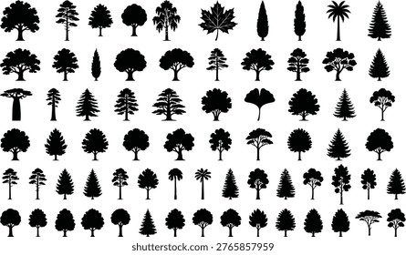 Collection of diverse tree silhouettes isolated on a white background