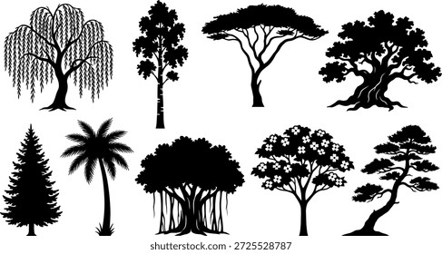 Collection of diverse tree silhouettes in various shapes and sizes