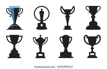 A collection of diverse trophy silhouettes stand in a row. Capturing the essence of victory, achievements, and recognition.
