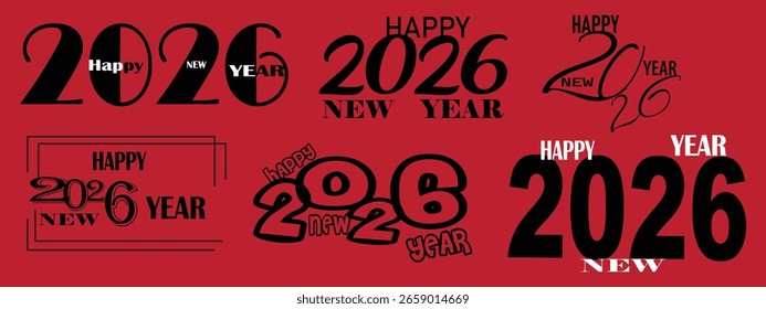 A collection of diverse typography styles celebrating the New Year 2026 on a vibrant red background.