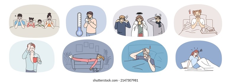 Collection of diverse unhealthy people have flu or fever cough and sneeze with high temperature. Set of sick humans on isolation stay at home have covid-19. Healthcare. Vector illustration. 