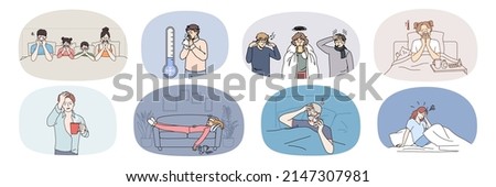 Collection of diverse unhealthy people have flu or fever cough and sneeze with high temperature. Set of sick humans on isolation stay at home have covid-19. Healthcare. Vector illustration. 