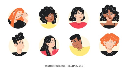 Collection of Diverse User Avatar Icons, Flat Style Portraits of People of Different Races and Genders