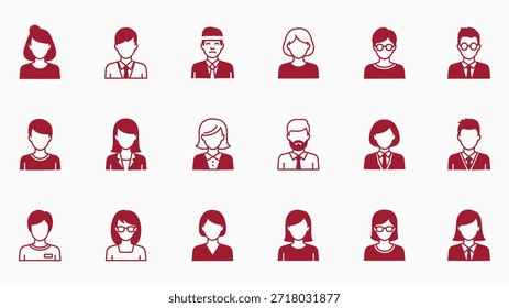 A collection of diverse user profile icons in a clean, minimalist, red outline style, representing various individuals.