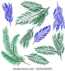 A collection of diverse vector branches, combining realistic green coniferous palm branches and stylized blue leafy elements. Perfect for winter, holiday, or ecological projects.