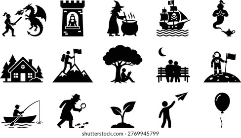 Collection of diverse vector graphic icons representing fantasy, adventure, and everyday activities for creative storytelling