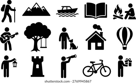 Collection of diverse vector graphic icons representing outdoor activities, leisure pursuits, and domestic life for creative design projects