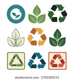 Una colección de diversos iconos vectoriales que representan el cuidado del medio ambiente, los procesos de reciclaje y la vida sostenible. Ideal para diseños ecológicos y campañas de concienciación ecológica.