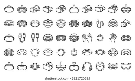 A collection of diverse virtual reality headset icons and symbols in a clean line art style