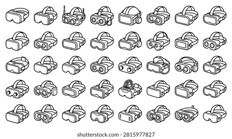 A collection of diverse virtual reality headsets in a simple line art style, arranged in a grid pattern. The image showcases various designs and models of VR goggles.