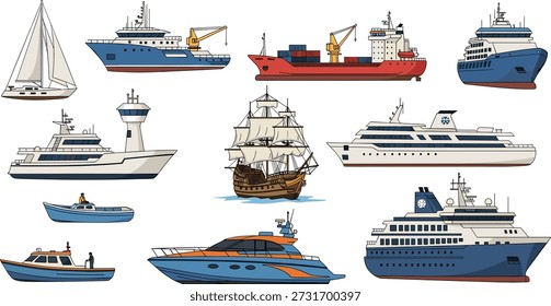 Coleção de diversas ilustrações vetoriais de embarcações, incluindo navios de carga, veleiros, iates de luxo e navios históricos para o projeto marítimo.