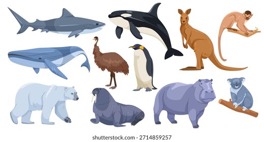 Colección de diversos animales salvajes, incluyendo especies marinas, árticas y selváticas en estilo de dibujos animados planos sobre fondo blanco. Concepto de vida silvestre. Ilustración vectorial