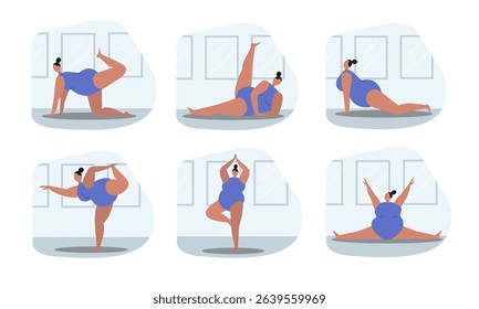 A collection of diverse yoga poses illustrating body positivity and wellness, emphasizing flexibility and strength.