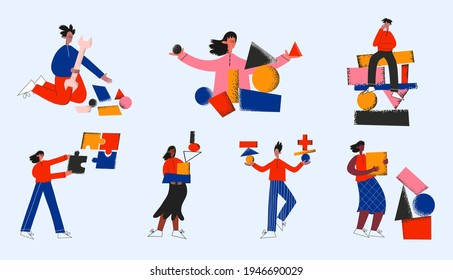 collection of diversity business people with geometric shapes.The concept of creativity and brainstorming.Creativity and project creation.Marketing and startup.Data analysis and programming.Textured