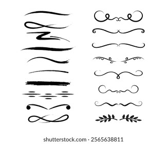 Collection of dividers, curls, borders, linear delimiters, underlining. 
Hand drawn with a black texture brush. Vector design elements isolated