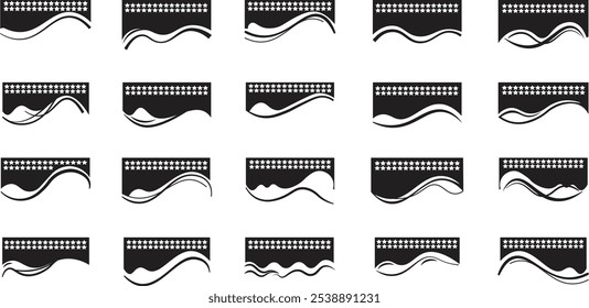 Collection of dividers shape templates icon set. Modern separator header for banner, app, poster website and app. Curve lines, flat wave of abstract design element for top and bottom page background.