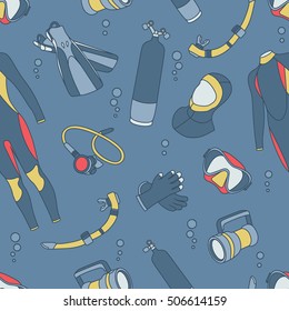 Collection of diving icon hand drawn background. Colorful backdrop with set of sketch objects vector. Doodle wallpaper design. Seamless patter with equipment for swimming, good for printing
