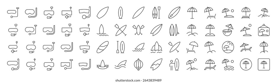 Coleção de Máscara de mergulho, Surfboard, Guarda-chuva, Praia Relacionados Ícones de linha. Outline Signs para Gráficos e Web Design, Apps, Anúncios, Vários Cartões 