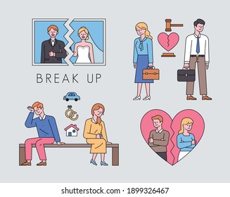 Collection of divorced couples. Wedding photos are torn, divorce lawsuits, property splits, and love cracking. flat design style minimal vector illustration.