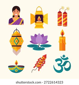 Colección de los Elementos de celebración de Diwali con una mujer en sari, linternas, petardos y el símbolo de Om