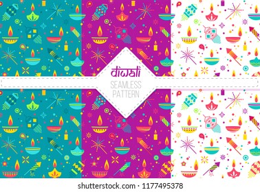 Collection of Diwali colorful seamless patterns with main holiday symbols. Vector illustration