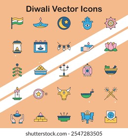 Collection of Diwali icons depicting elements of the Hindu festival of lights ideal for cultural and religious themes.