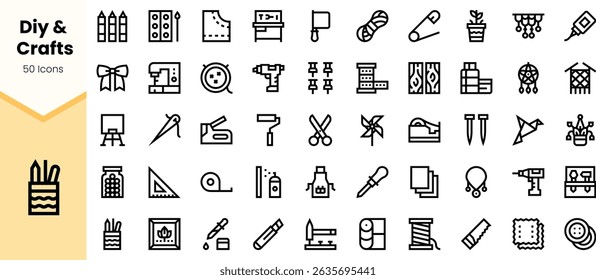A collection of DIY and crafts icons, featuring tools, materials, and symbols essential for creative projects.