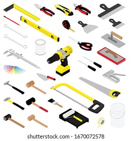 Collection of diy hand tools isolated on white background isometric view