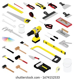 Collection of diy hand tools isolated on white background isometric view