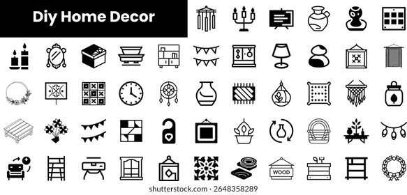A collection of DIY home decor icons, featuring various decorative elements like candles, vases, and wall art, showcasing creativity and style in home design.