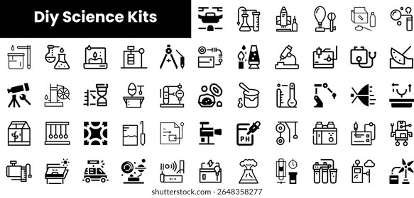 Uma coleção de kits e ferramentas de ciência DIY, apresentando vários ícones como tubos de teste, microscópios e projetores, mostrando criatividade e exploração na ciência.